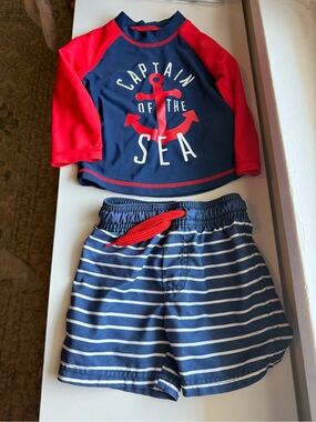 Baby Toddler Navy & Red 'Captain of the Sea' Rash Guard Set 12months